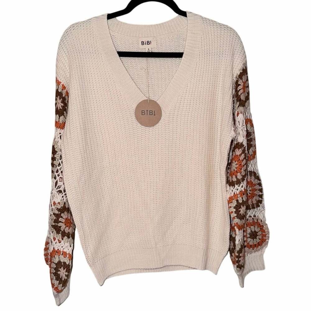 NWT Bibi crochet granny square puff sleeve cream sweater small boho cottagecore